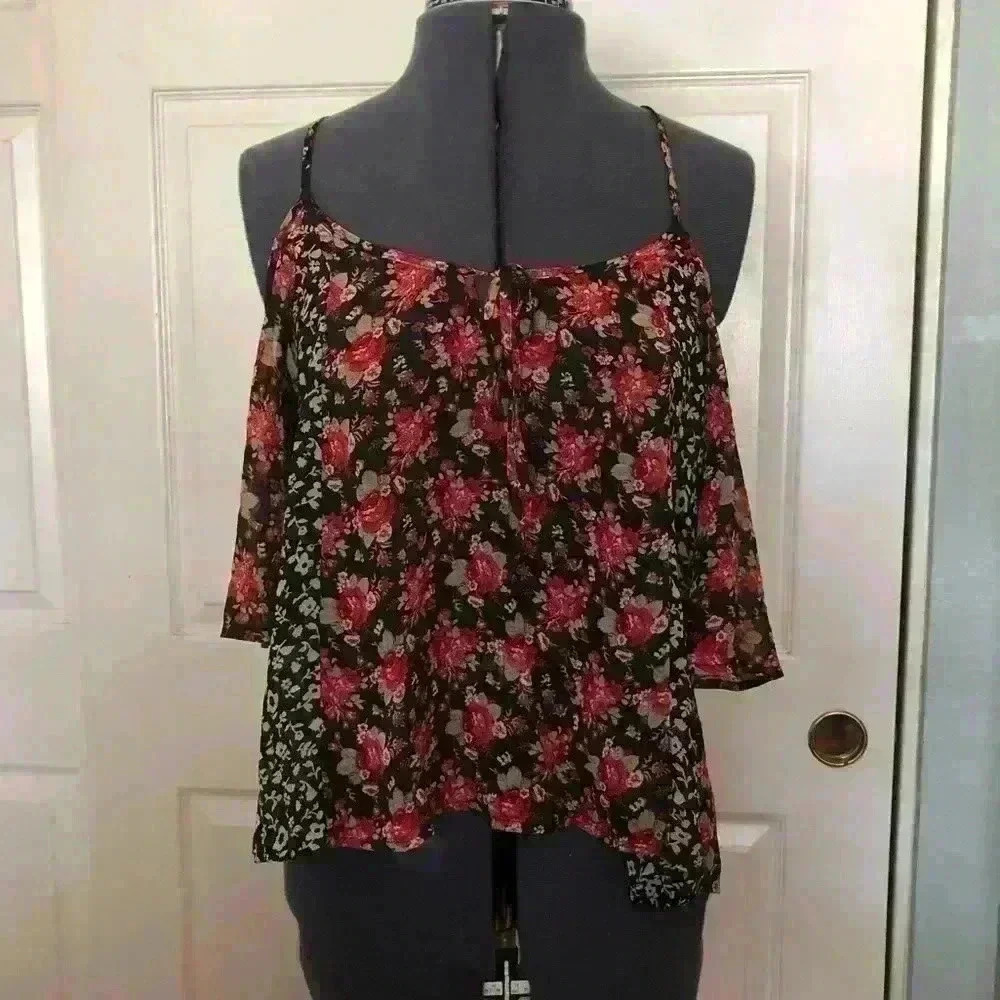 INTO SHEER BLACK RED FLOWER THIN STRAP BLOUSE TOP BEST FIT MEDIUM